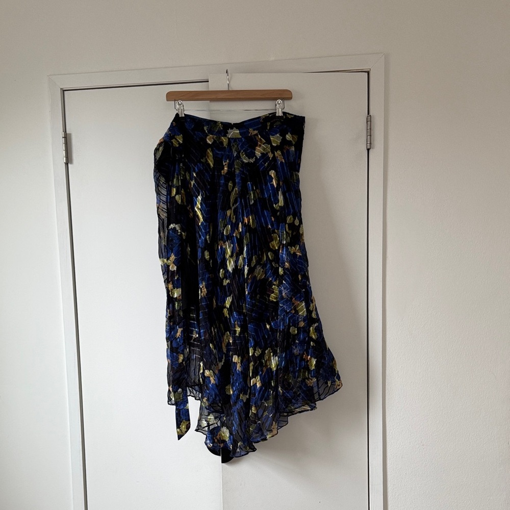 LK Bennett x Preen Blue & Gold Sheer Pleated Midi Skirt – Lined Chiffon Statemen